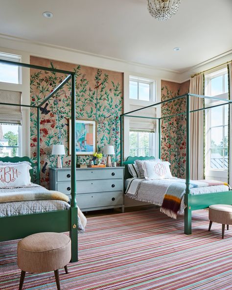 Reid Classics featured 3 beds in the 2022 Southern Living Idea House. Two Full Beds In One Room, Beachy Bedroom Twin Beds, Twin Poster Beds, Traditional Twin Bed, Southern Living Beds, Southern Living Bedroom, Antique Twin Four Poster Bed, Drapery Inspiration, Full Beds