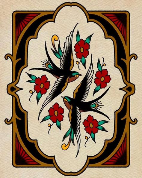 American traditional swallow tattoo. Colorado Springs tattoo. Antique traditional tattooing. Traditional Tattoo Border Design, American Traditional Wall Art, Tattoos With Frames, Vintage American Traditional Tattoo, Old School Paintings, American Traditional Border, American Traditional Art Paintings, Tattoo Flash Border, American Traditional Prints