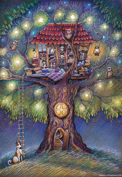 Tree House Drawing, 동화 삽화, House Drawing, Arte Fantasy, Art And Illustration, Fairy Houses, Childrens Illustrations, Children's Book Illustration, الرسومات اللطيفة