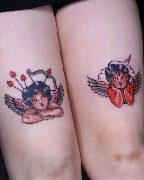 Cowboy Kewpie Tattoo, Kewpie Tattoo Traditional, Kewpie Horror Tattoo, Kewpie Head Tattoo, Horror Kewpie Tattoo, Angel Devil Tattoo, Americana Tattoo, Twin Tattoos, Cherub Tattoo