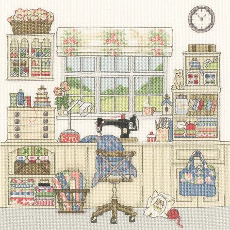 This detailed counted cross-stitch design features a cozy sewing room. Bolts of colorful fabrics, spools of thread, pincushions, and other sewing notions and supplies can be found neatly organized in this detailed craft room scene offering a gorgeous view out the window as you sit at the sewing machine. This design is stitched on cream 16-ct. aida cloth. The easy-to-see squares of aida cloth make it a great fabric choice for both beginning stitchers and those with more experience. This complete counted cross-stitch kit includes cream 16-ct. Zweigart aida cloth, cotton floss, needle, and instructions. The finished design measures 10 × 10 " (25 x 25cm). Imported from Great Britain. • This counted cross-stitch kit includes cream 16-ct. Zweigart aida cloth, cotton floss, needle, and instructio Bothy Threads Cross Stitch, Books Embroidery, Bothy Threads, Sewing Room Decor, French Knots, My Sewing Room, Creation Couture, Counted Cross Stitch Kits, Cross Stitches