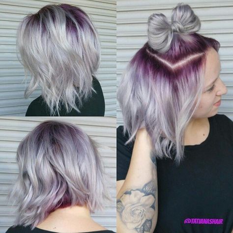 Grey Hair With Fashion Colors, Silver Hair With Pop Of Color, Color Roots Blonde Hair, Purple Hair For Blondes, Coloured Roots Blonde Hair, Purple Shadow Root Blonde, Colored Roots Blonde Hair, Silver Hair With Dark Roots, Purple Roots Blonde Hair