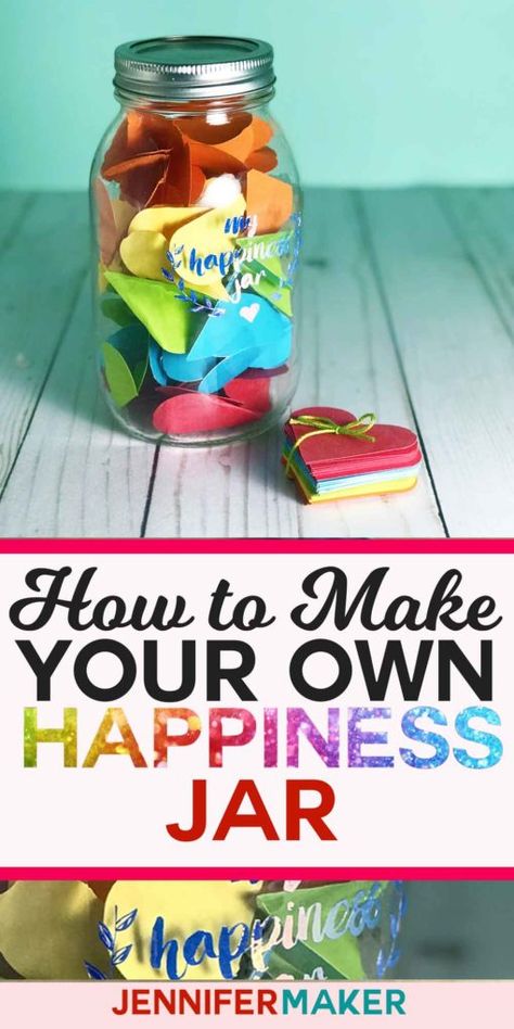 Make your own Happiness Jar to celebrate all the wonderful things in your life! | Free pattern and SVG cut file #cricut #masonjar #happiness Compliment Jar, Encouragement Jar, Happiness Jar, Jar Of Notes, Quote Jar, Gratitude Jar, Happy Jar, Memory Jar, Christmas Ham