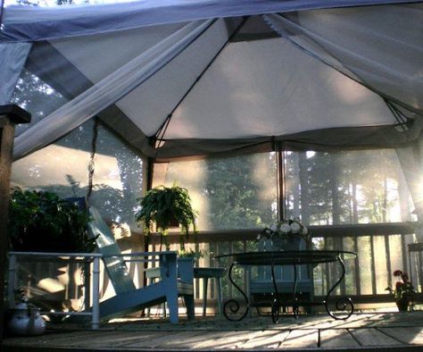 Screen In Your Deck Easily & Inexpensively. This is what we are doing with our back deck. This canopy is also at Kmart for $150 Hotel Canopy, Gazebo On Deck, Deck Canopy, Screen Tent, Screened Gazebo, Three Season Porch, Screened In Deck, Canopy Architecture, Canopy Bedroom