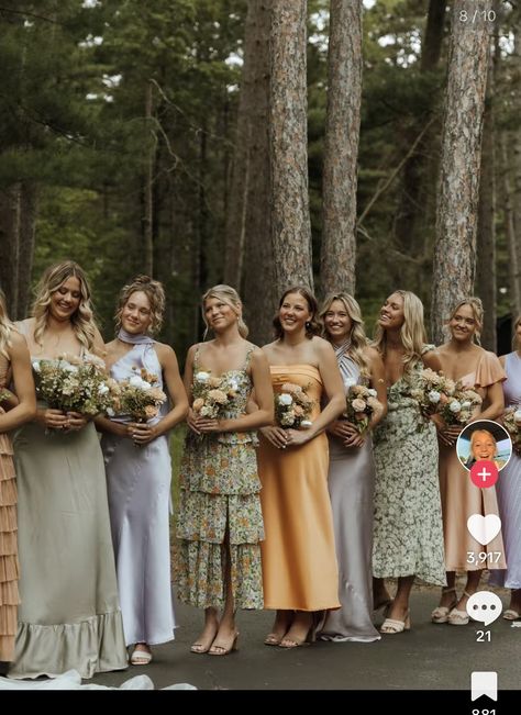 Casual Wedding Groomsmen Attire, Neutral Mismatched Bridesmaid Dresses, Bridesmaid Mood Board, Bridesmaid Dresses Wildflowers, Spring Color Wedding Ideas, Different Color Bridesmaid Dresses, Two Bridesmaids, Summer Bridesmaid Dresses, Mismatched Bridesmaids