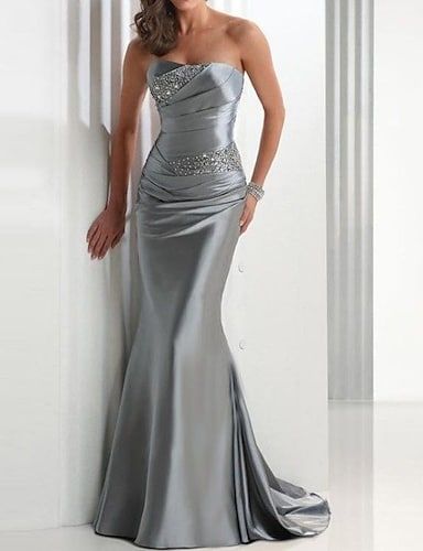 Mermaid / Trumpet Sparkle Wedding Guest Formal Evening Dress Strapless Sleeveless Sweep / Brush Train Satin with Crystals 2022 Silver Evening Dress, Silver Prom Dress, Prom Dress With Train, Strapless Evening Dress, Floor Length Prom Dresses, Satin Evening Dresses, Grey Wedding, Chanel Couture, Evening Gowns Elegant