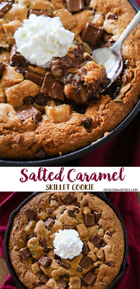 Pizookie Recipe, Skillet Desserts, Reese's Peanut Butter Cup, Skillet Chocolate Chip Cookie, Iron Skillet Recipes, Skillet Cookie, Cast Iron Recipes, Caramel Cookies, Salted Caramel Chocolate