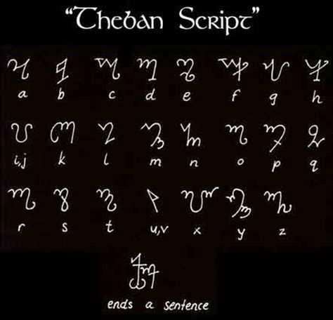 Theban Alphabet Script, The Theban script, also known as “Honorian”, was a popular alphabet and is used extensively by Gardnerian Witches, among others.  <3 Witches Alphabet, Ancient Alphabets, Ancient Scripts, Runic Alphabet, Ancient Writing, Alphabet Code, Alphabet Symbols, Rune Symbols, Ancient Languages