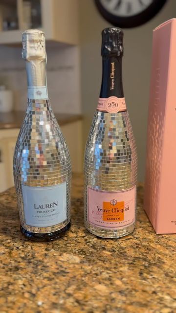 Personalized Alcohol Bottles, Bottle Decoration Ideas Birthday, Disco Ball Bottle, Disco Ball Champagne Bottle Diy, Birthday Bottle Decoration, Disco Ball Wine Bottle, 21st Birthday Bottle Decoration, 21st Wine Bottle, Mirror Ball Champagne Bottle