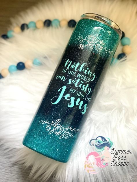 Perfect tumbler for anyone on your list. This stainless steel Christian inspired tumbler is covered in teal and black glitter, and can be done in 20 or 30oz. Can be personalized with a name or left blank.  Glitter is covered in a protective coat, don't worry, you won't be covered in glitter after a drink.  The cup is made of double walled stainless steal tumbler. Keeps cold beverages cold and hot ones hot!  Each cup is made to order and is unique. These are handmade and will have slight variatio Teal Tumbler Ideas, Unique Tumbler Designs, Christian Tumbler Ideas, Christian Tumbler Cups For Men, Tumbler Cups For Men Blue, Christian Tumbler Cups, Christian Epoxy Tumbler, Christian Tumblers, Tumbler Boys