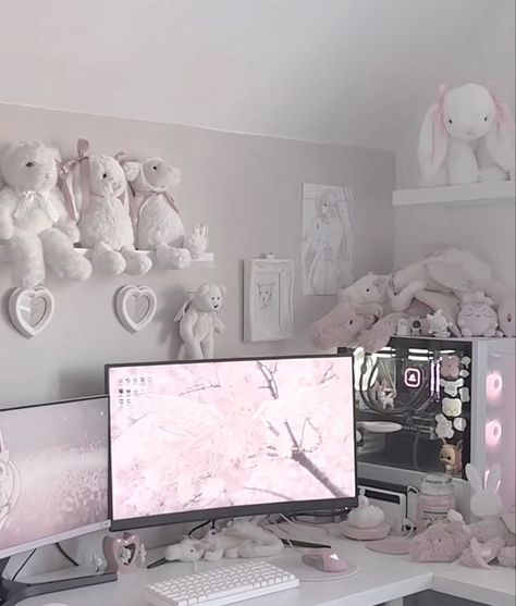 Coquette Gaming Setup, Kawaii Room Ideas, Dream Setup, Desk Organisation, Pink Desk, Video Game Room Design, Pc Setups, Gaming Setups, Desk Inspo