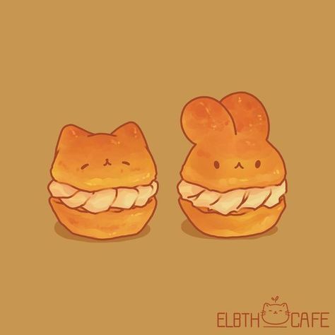 Animals With Food Drawing, Cream Puffs Drawing, Cream Puff Illustration, Cream Puff Drawing, Halloween Food Drawing, Cute Food Art Drawing, Kawaii Food Animals, Cute Food Illustration, Chibi Food