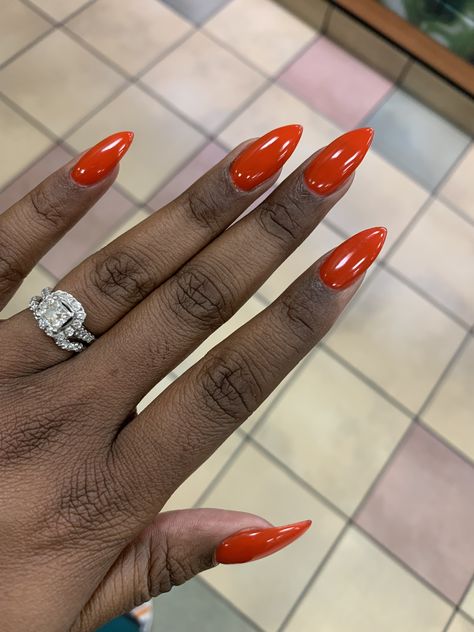 Deep Orange Nails, Almond Nails Orange, Dark Orange Nails, Orange Red Nails, Orange Almond Nails, Burnt Orange Nails, Red Orange Nails, Nail Guide, Classy Acrylic