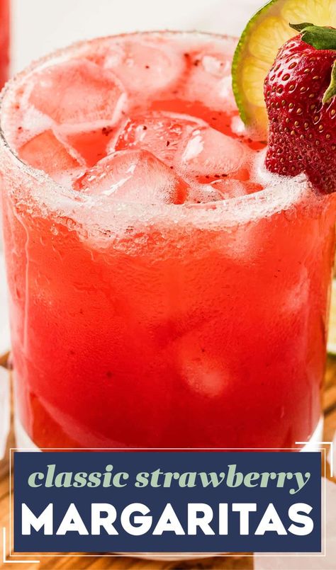 These Strawberry Margaritas are made with just a handful of ingredients, and super refreshing on a hot summer day! This recipe is for a single cocktail (for when it's just you), but I've also included a large batch version (for a party or other event). Large Batch Margarita Recipe, Strawberry Margaritas, Strawberry Margarita Recipe, Chunky Chef, Kid Friendly Drinks, Mimosa Recipe, Strawberry Margarita, Refreshing Drinks Recipes, Solo Cup