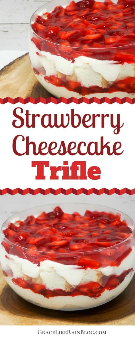 Desserts With Strawberry Glaze, Angle Food Cake Strawberry Trifle, Angel Food Cake Trifle Cool Whip, Angel Food Desserts, Trifle With Angel Food Cake, Strawberry Cheesecake Trifle Recipe, Strawberry Cheesecake Trifle, Angel Food Trifle, Angel Food Cake Trifle