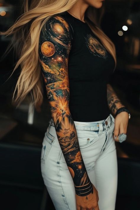 Galaxy Themed Tattoo Sleeve, Womens Realistic Sleeve Tattoo, Nebula Tattoo Galaxies, Shoulder Arm Sleeve Tattoos For Women, Galaxy Arm Sleeve Tattoo, Covered In Tattoos Women, Tattoo Ideas Female Space, Celestial Half Sleeve Tattoo, Night Sky Tattoos For Women