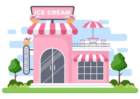 Ice Cream Shop Exterior Design, Pepsi Background, Ice Cream Shop Drawing, Ice Cream Shop Illustration, Ice Cream Shop Exterior, Coastal Decals, Xmas Sweets, Store Exterior, Ice Cream Store