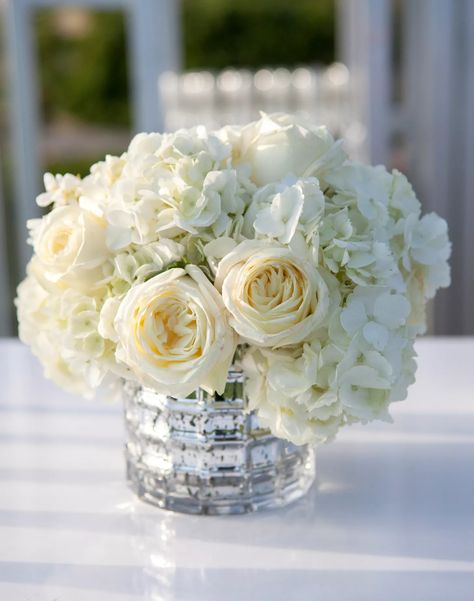 Ivory Rose and Hydrangea Low Centerpieces Flower Arrangements With Hydrangeas, Centerpieces Round Table, Arrangements With Hydrangeas, Wedding Centerpieces Round Table, Hydrangea Centerpiece Diy, Hydrangea Arrangements Wedding, Engagement Party Centerpieces, Hydrangea Centerpiece Wedding, Low Wedding Centerpieces