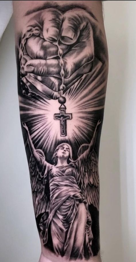 Christian Bicep Tattoo Men, Christian Leg Sleeve Tattoos, Religious Leg Sleeve Tattoo, Hamstring Tattoo For Men, Men’s Shin Tattoo, Christian Forearm Tattoo, Christian Tattoos For Men Forearm, Jesus On Cross Tattoo, Shin Tattoo