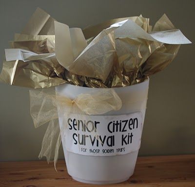 Birthday Idea for our over the hill family and friends. Senior Citizen Survival Kit, Birthday Survival Kit, Survival Kit Gifts, 60 Birthday, Survival Kits, 70th Birthday Parties, Gag Gifts Funny, 65th Birthday, Gift Basket Ideas