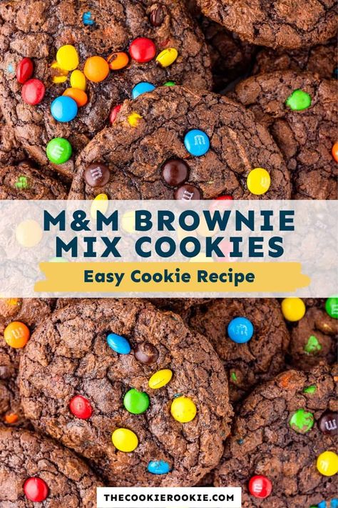 Homemade M&M Brownie Cookies are as delicious as they are colorful! These cookies come together quickly with just 4 ingredients. Brownie Mix Crinkle Cookies, M M Brownies, Brownie Mix Cookies, Soft Cookie Recipe, Chewy Chocolate Cookies, Cookie Brownie Recipe, Salted Caramel Brownies, Easy Dessert Recipes, Chocolate Cookie Dough