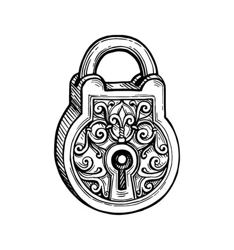 Vintage padlock. Ink sketch isolated on white background. Hand drawn vector illustration. Retro style. Lock Astethic, Lock Sketch, Padlock Illustration, Keys Illustration, Padlock Drawing, Lock Art, Lock Illustration, Mandalla Tattoo, Padlock Tattoo