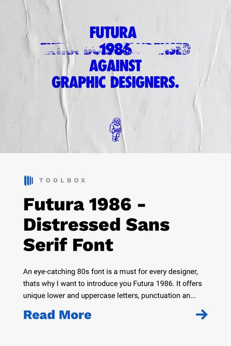 An eye-catching 80s font is a must for every designer, thats why I want to introduce you Futura 1986. It offers unique lower and uppercase letters, punctuation and a symbol set to create iconic designs. You can diversify your projects by adding a retro texture or some glitches above the text, the result will make you proud! Futura Font Typography, 80s Graphic Design, 80s Fonts, Industrial Font, 80s Font, Retro Texture, Retro Typography, Upper And Lowercase Letters, Font Face