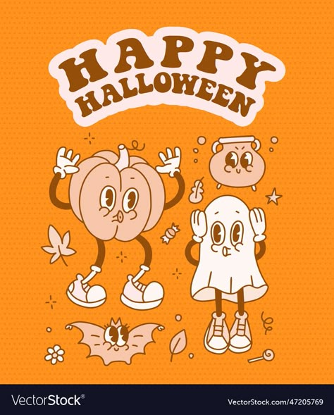 Retro halloween trendy 70s style comic ghost vector image on VectorStock Halloween Pumpkin Illustration, Halloween Doodles Aesthetic, Ghosts Illustration, Boo Cookies, 70s Halloween, Random Illustration, Halloween Graphic Design, 80s Halloween, Retro Comic Art