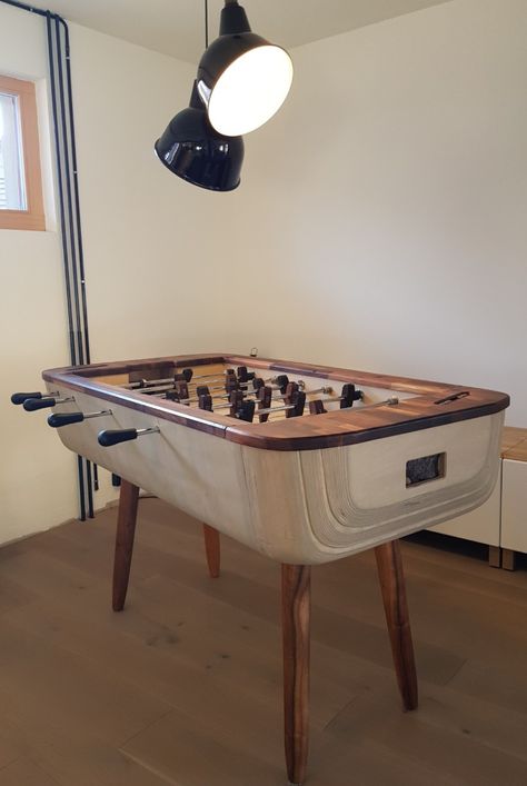 Foosball Table Diy, Basement Rooms, Golf Simulator Room, Board Game Cafe, Game Cafe, Recreation Room, Table Football, Wood Barn, Foosball Table