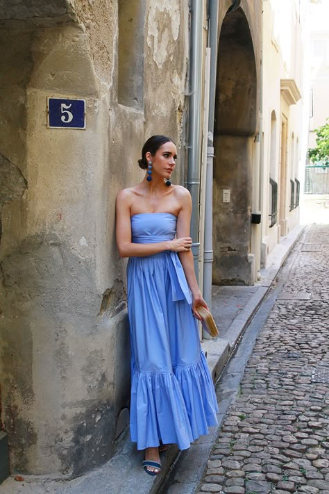 Louise Roe | Strapless Blue Ball Gown | Summer Wedding Style | Front Roe blog 2 Mediterranean Clothing Style, Tropical Formal Dress, Louise Roe Style, Summer Wedding Style, Front Roe, Mediterranean Wedding, Dresses For Women Over 50, Louise Roe, Blue Ball Gowns