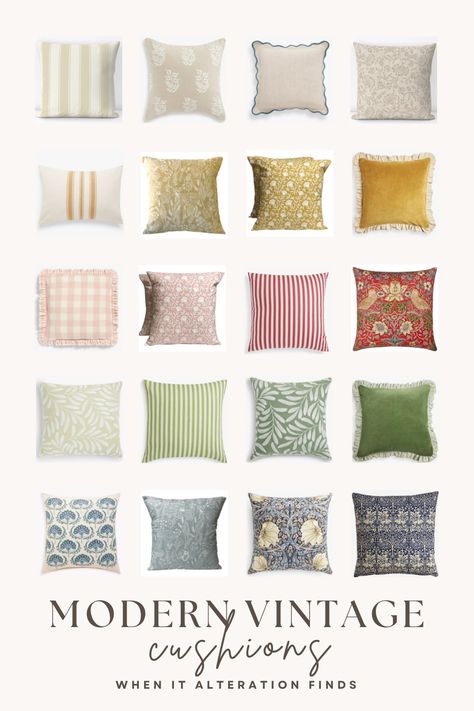 My pick of the best modern vintage cushions with muted pastels, pops of primary colour, classic textile designs, scallops, ruffles and stripes. Muted Pastels, Modern Vintage Home Decor, Grand Millennial Style, Vintage Colour Palette, Chair & Sofa Cushions, Grand Millennial, English Cottage Style, Modern Vintage Decor, Vintage Cushions