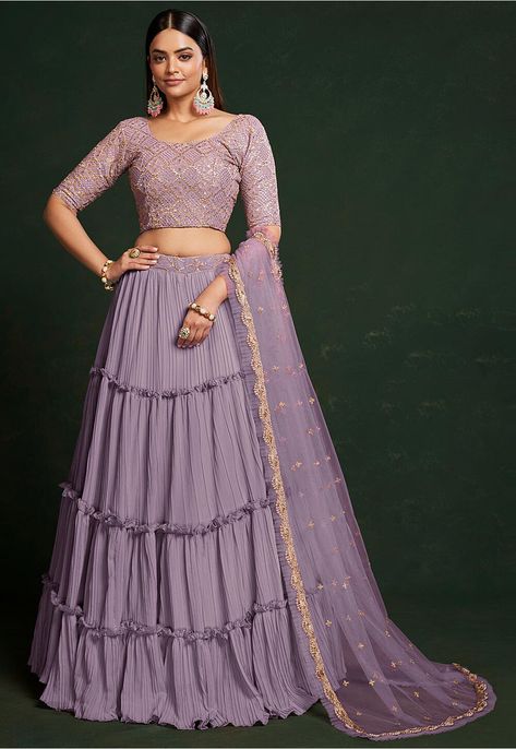 Embroidered Georgette Lehenga in Light Purple Punjabi Lehenga, Long Choli Lehenga, Purple Lehenga, Engagement Lehenga, Lavender Colour, Sabyasachi Lehenga, Georgette Lehenga, Lehenga Choli Wedding, Lengha Choli