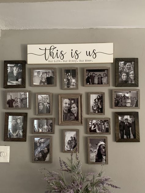 Family Photo On Wall Ideas, Family Pic Wall Ideas, This Is Us Photo Wall, Living Room Collage Wall Ideas, Gallery Wall Ideas Family Photos, Creative Gallery Wall Ideas, Hanging Photos On The Wall Ideas, Living Room Family Picture Wall, Family Wall Pictures Ideas