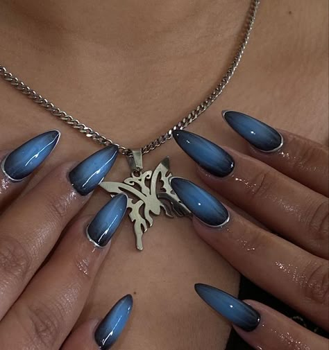 Navy Blue Nails Wedding, Navy Blue Gel X Nails, Almond Nails Blue Chrome, Blue Nails For Graduation, Dark Blue Wedding Nails, Navy Blue Aura Nails, Winter Nail Ideas Blue, Navy Blue Nail Art, Dusty Blue Nails With Design