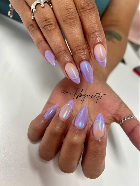 Lavender Chrome Nails Design, Purple Chrome Ombre Nails, Light Purple Metallic Nails, Spring Nails With Chrome, Lavender Chrome Nails French, Purple French Chrome Nails, Purple French Tips Chrome, Purple Birthday Nails Almond, Lilac Chrome Nails Designs