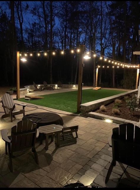 Backyard Corn Hole Area, Backyard Area Ideas, Backyard Ideas Big Yard, Outdoor Game Area Backyard Ideas, Cornhole Court, Backyard With Inground Pool, Simple Backyard Reception, Outdoor Backyard Games, Cornhole Backyard Ideas