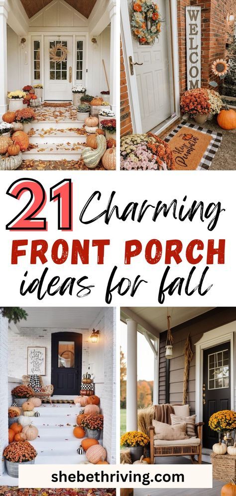 25 Cozy Fall Front Porch Decor Ideas You'll Definitely Love - She Be Thriving Fall Front Porch Decor Grey House, Fall Front Porch Steps Decor, Autumnal Porch Decor, Fall Front Porch With Ferns, Front Porch Pew Decor, Porch Steps Fall Decor, Exterior Fall House Decor, Cozy Fall Porch Ideas, Townhouse Fall Decor Outside