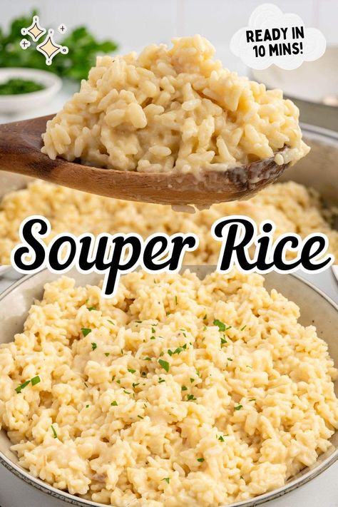 Craving a quick and creamy side dish? Try this 6-Ingredient Souper Rice! Ready in just 10 minutes, this easy recipe combines instant rice, cream of chicken soup, and Parmesan for a delicious ‘cheater risotto’ that’s perfect with any meal. #QuickRecipes #EasyDinners #ComfortFood #SouperRice #WeeknightMeals Easy Creamy Rice Recipes, Rice Cooker Side Dish Recipes, Ww Rice Recipes, Super Rice Recipe, Soupy Rice Recipe, Rice And Cream Of Mushroom Soup, Souper Rice Recipes, How To Flavor Rice, Cream Of Mushroom Soup Rice