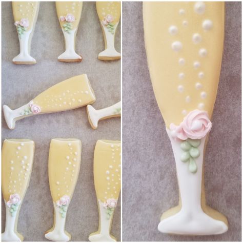 Wedding sugar cookies.  Champagne glass cookies. Wine Glass Royal Icing Cookies, Champagne Flute Cookies Decorated, Champagne Glasses Cookies, Champagne Decorated Cookies, Champagne Cookies Royal Icing, Champagne Glass Decorated Cookies, Spring Themed Cookies Decorated, Champagne Flute Cookies, Champagne Sugar Cookies