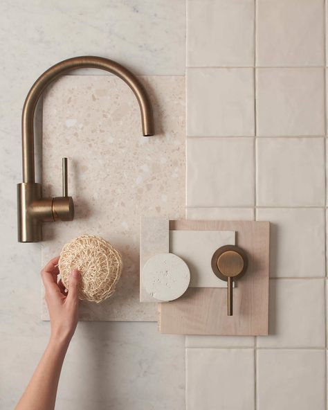 I don’t think anything beats a warm toned flatlay? I love our Antique Brass taps paired with @tilecloud warm toned Yamba terrazzo and Newport matte bone squares. ❤️ Brass Tap, Pool Houses, Bathroom Interior Design, Bathroom Interior, Antique Brass, Garden Design, Interior Design, Design