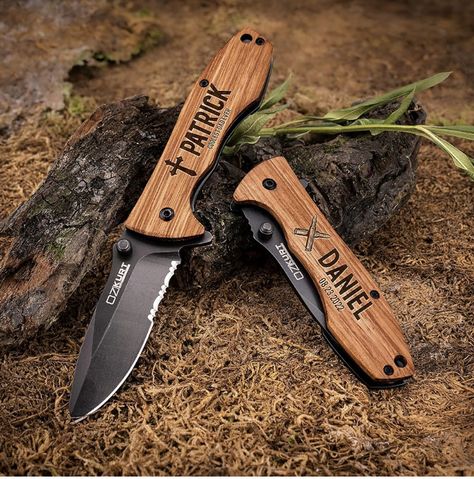 Personalized Engraved Oak Wood Pocket Knife - 36 Icons, 20 Stylish Font - Custom Pocket Knives Engraved Pocket Knives, Engraved Knife, Knife Gifts, Stylish Fonts, Personalized Gifts For Dad, Christmas Gifts For Him, Pocket Knives, Elegant Gifts, Black Gift Boxes