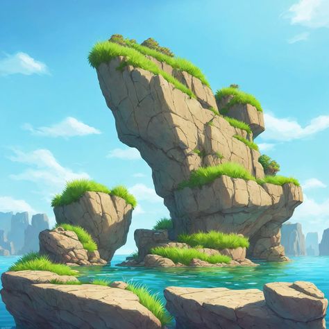 a cartoon of a rock formation https://www.artstation.com/pavlin2 Simple Environment Drawing, Anime Cliff Background, Rocky Cliff Drawing, Stylized Rock, Cartoon Island, Island Drawing, Ambient Art, Rock Cliff, Cuphead Art