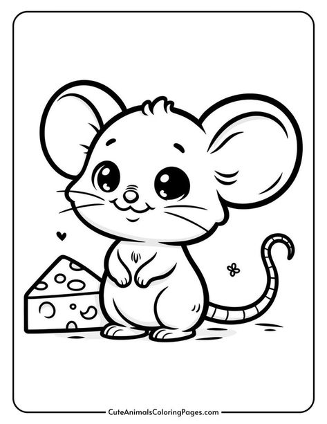 Cute cartoon mouse character with a block of cheese, designed for coloring activities. Ideal for kids' art projects and educational purposes. The Lion And The Mouse Craft, Christmas Mouse Drawing, Mouse Cute Drawing, Lion And The Mouse Story, Preschool Mouse, Tattoo Lining, Drawing Mouse, Mickey Mouse Coloring, Cute Animals Coloring Pages