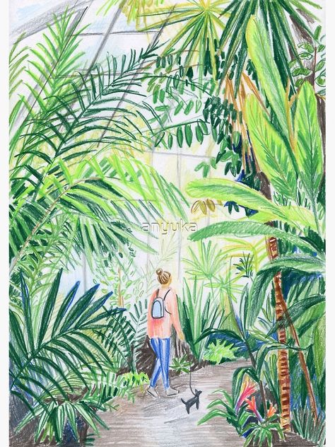 Walk Illustration, Greenhouse Art, Plant Border, Landscape Tropical, Postcards Inspiration, Greenhouse Cafe, Garden Paintings, Outdoor Painting, Greenery Wall