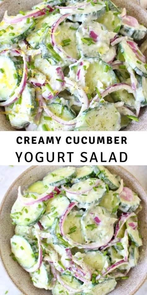 Creamy Cucumber Yogurt Salad recipe with crisp red onion dressed in a dairy-free Greek yogurt lemon dressing with a classic kiss of fresh dill. A quick and easy refreshing summer salad best served right away alongside new potatoes or stuffed inside some gyros pockets. Greek Yogurt Cucumber Salad, Salad With Red Onion, Cucumber Yogurt Salad, Ciao Florentina, Cucumber Onion Salad, Yogurt Salad, Cucumber Dill Salad, Red Onion Recipes, Cucumber Yogurt