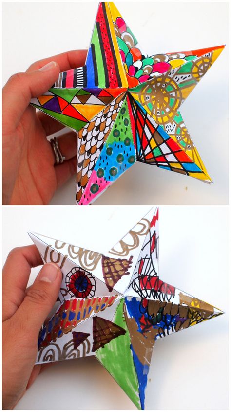 Doodle some designs on these awesome 3D paper Christmas Stars- great Kids art project Star With Paper, Christmas Star Ornaments, 3d Paper Star, Origami Paper Folding, Christmas Books For Kids, Christmas Art Projects, Origami Star, Middle School Art Projects, Star Ornaments