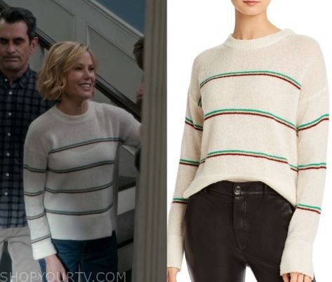 Claire Dunphy Fashion, Clothes, Style and Wardrobe worn on TV Shows | Shop Your TV Claire Dunphy, Modern Aprons, Green Satin Dress, Green Trench Coat, Worn On Tv, Striped Knit Sweater, Wardrobe Clothes, Buy Sweaters, Pinstripe Pants