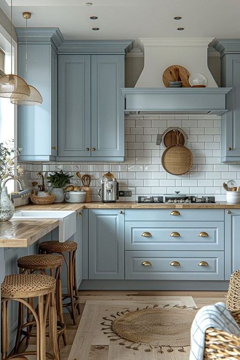 Pastel Blue Kitchen Ideas, Kitchen Ideas With Blue Cabinets, Blue House Ideas Interiors, Cottage Inspired Homes, Coastal Aesthetic House, Kitchen Lighting Inspiration, Light Blue Cabinets Kitchen, Blue Aesthetic Home Decor, Blue House Interior