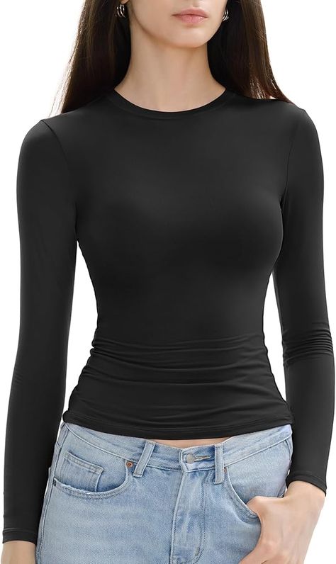 C202 Long Sleeve Shirts for Women Crew Neck Double Lined Going Out Tops Slim Fitted Y2k Tops Basic Tees, SOOT X-Small at Amazon Women’s Clothing store Long Sleeve Shirts For Women, Fashion 2025, Y2k Tops, Slim Fit Suits, Going Out Tops, Womens Long Sleeve Shirts, Love Style, Shirts For Women, It's Hard