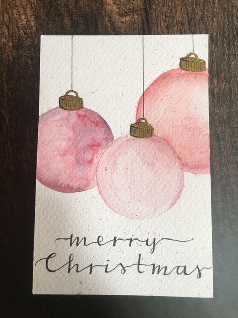 #diy #aquarelle #christmas #present #handmade Cute Watercolour Christmas Cards, Merry Christmas Watercolor Card, Watercolour Cards Christmas, Christmas Cards Painted Watercolor, Watercolor Diy Christmas Cards, Diy Christmas Card Watercolor, Simple Watercolour Christmas Card Ideas, Diy Christmas Cards Handmade Watercolor, Pink Christmas Card Ideas